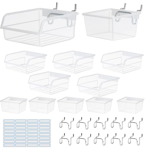 efuturetime 12 x Crochet Panneau Perforé Mural, Boite Transparent Rangement Atelier Bricolage avec 36 Adhésives Papier Étiquette pour Garage, Jardin, Boutique
