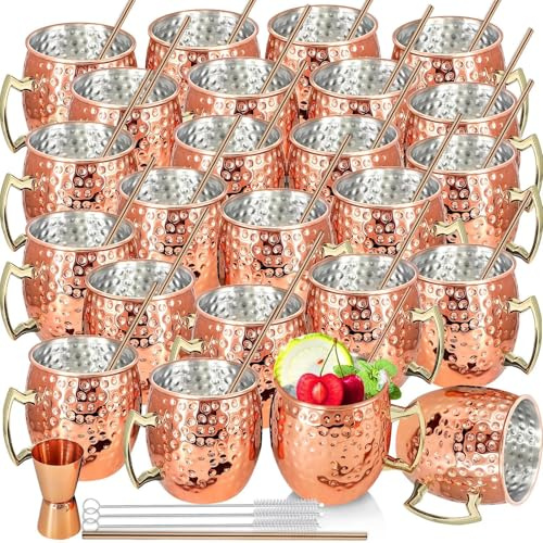 Moscow Mule - Juego de 24 tazas chapadas en cobre de 18 oz (532 ml) a granel, tazas grandes de acero inoxidable martillado con asa, 1 jigger doble de acero inoxidable de 0,5 oz (15 ml), pajitas de