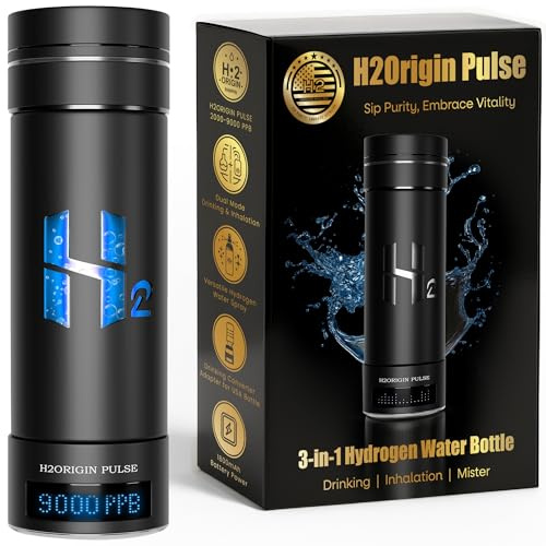 H2ORIGIN PULSE Hydrogen Water Bottle Generator, Up to 9000 PPB Hydrogen Bottle Water Ionizer with SPE/PEM Technology, 3-in-1 Portable Universal Adapter and Refreshing Mist Spray for Home Hydration