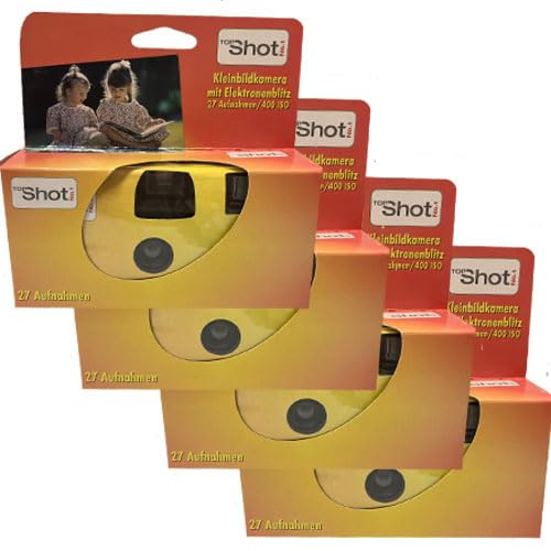 Lot de 4 appareils photo jetables 1A PORST - Pour mariage et fête - Rouge et orange - 27 photos - Avec flash et piles - Lot de 4