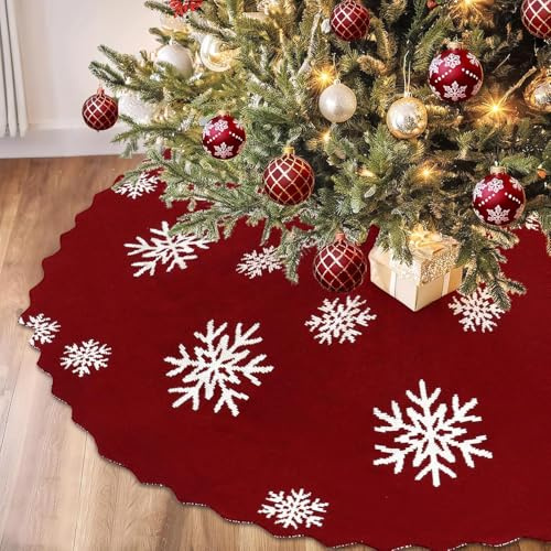 Betylifoy Weihnachtsbaum Decke 122cm, Weihnachtsbaumrock Gestrickter Rot Baumrock Schneeflocken Stricken Rustikale Weihnachtsdecke Weihnachtsdekor Weihnachtsferienhaus Partydekorationen (L-122CM)