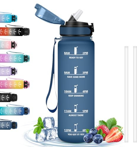 Grsta Borraccia 1 Litro, con Cannuccia Senza Perdite, Motivazionale con Scala Temporale, per Bere di Piu, Facile da Pulire, per Sport, Fitness, Escursionismo, Yoga, Blu Navy