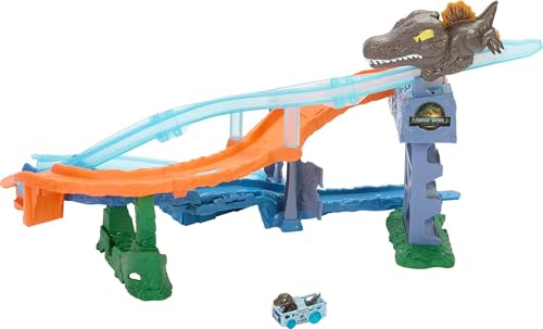 Hot Wheels Spielzeugauto Trackset, RacerVerse Jurassic World Crash & Splash Spielset mit Die-Cast Velociraptor-Fahrzeug, Dinosaurier-Rennen mit Spinosaurus, JFP32