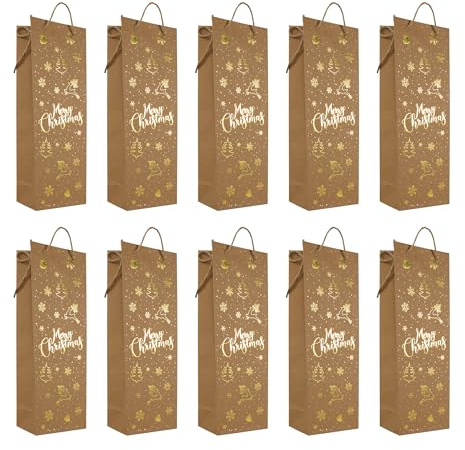 Idena 30488-10 - Flaschentaschen Merry Christmas, 10 Stück, Geschenktüten in der Größe 12 x 36 cm, Papiertüten für Weihnachten in Braun mit goldenen Motiven