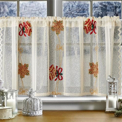 champracer Scheibengardinen Weihnachtsgardinen, Glocken, Bestickt, Spitze farbenfroher Kurzstore, Bistrogardine, landhausgardinen, Durchsichtige Weihnachtsvorhänge für Küche (A,BxH 140x100 cm)