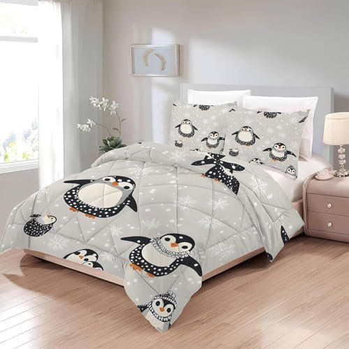 Bettdecke 200x220 Ohne Bezug Nutzbar, Pinguin Schneeflocken Bettdecken Waschbar Ganzjahresdecke Kinder 4 Jahreszeiten Steppdecke, Bettzeug Microfaser mit 2 Kissenbezug für Sommer Winter Doppelbett