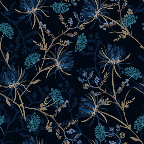 VEELIKE Fototapete Blumen Blau Löwenzahn Tapete Floral 44.5 cm x 900 cm Selbstklebende Tapete Blumen Schwarz Blumentapete Vintage Mustertapete Klebefolie Möbel Schlafzimmer Badezimmer Entfernen