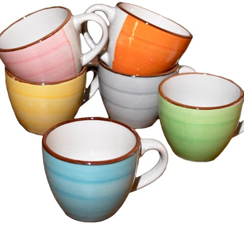 Darthome Set of 6 Pastel Coloured Espresso Cups 90ml Stoneware Swirl Coffee Mugs, Dishwasher Microwave Safe