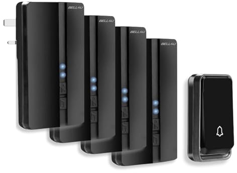 Bell4U Wireless Doorbell Kit, 4 Plug-in Receivers + 1 Push Button, No Batteries Needed, 700 feet Long Range, 51 Chimes, 4 Volume Levels, IP65 Waterproof, Easy Plug & Play – Black