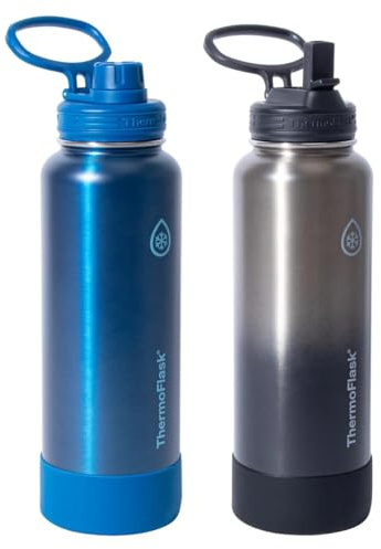 ThermoFlask Edelstahl-Wasserflasche, 1,2 l, 2er-Pack (Silber/Blau gebürstet)
