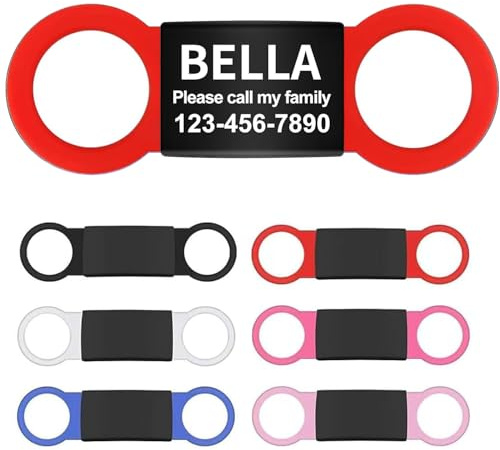 Geräuschloses Aufschieben von Haustier-ID-Tags, personalisierte Lasergravur auf dem Halsband, farbiges elastisches Silikonband, Namensschild aus Edelstahl für Katzen und Hunde (S, rot)