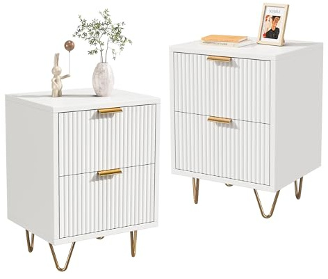 BPKADHY Nachttisch 2er Set, Nachtschrank mit 2 Schubladen für Boxspringbett Sofatisch Beistelltisch mit Metallfüßen Nachtkommode für Schlafzimmer, Wohnzimmer, Weiß 40x40x55cm (Weiß)