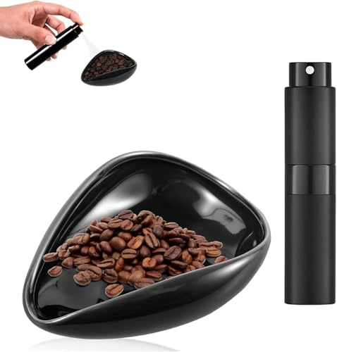 GIUSOBG 2 Piezas Taza Dosificadora de Granos de Café con Botella Spray RDT, Accesorios de Café Cerámica, Bandeja Medidora Dosificadora, Kit Barista Regalo para Amantes del Café