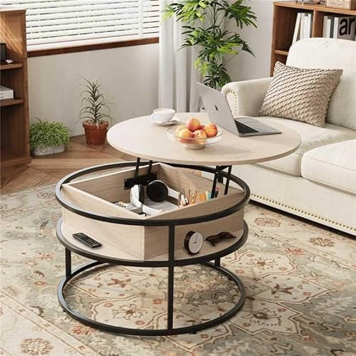 VOWNER Couchtisch Höhenverstellbar, Wohnzimmertisch Rund, Couchtisch mit Stauraum, Beistelltisch, 80x80x62cm, mit Verstecktem Ablagefach, Holzfarbe