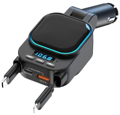 Fuhjythy Retractable Car Charger 96W with Bluetooth Car Adapter, 4 in 1 Fast Charging, Radio Bluetooth 5.3 FM Transmitter for Car