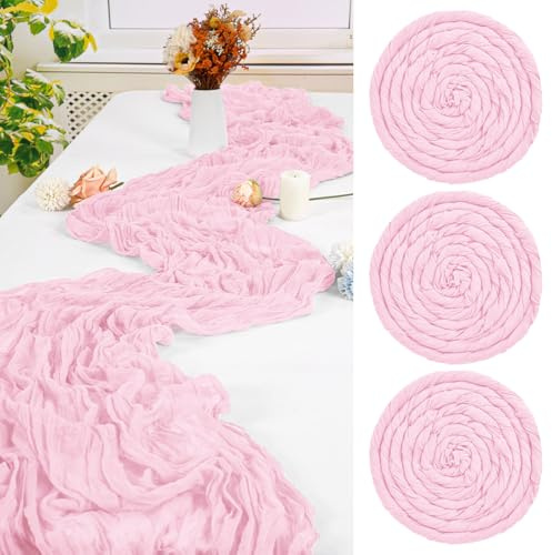 FXKS 3 Stück Baby Rosa Tischläufer,55 x 300 cm Cheesecloth Tischläufer | Rustikaler Gaze Stoff Boho Tischläufer Käsetuch Hochzeit Tischdecke für Hochzeit Brautparty Bankett Dekoration