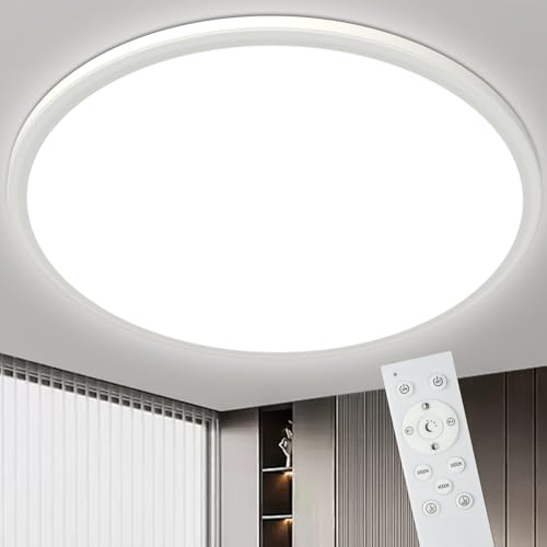 49CM Deckenlampe 46W LED Deckenleuchte Dimmbar 3000-6500K mit Fernbedienung | Rund Led Deckenleuchte Flach, Ultra Dünn Deckenlampe Wohnzimmer Wasserfest Badlampe für Schlafzimmer Badezimmer Küche, Weiß