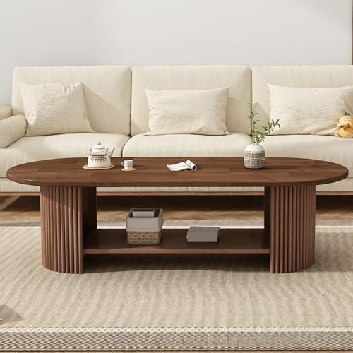 Table basse ovale moderne en noyer - Design élégant en bois massif avec base blanche - Charme rustique pour salon - Décoration d'intérieur élégante - Durable et chic
