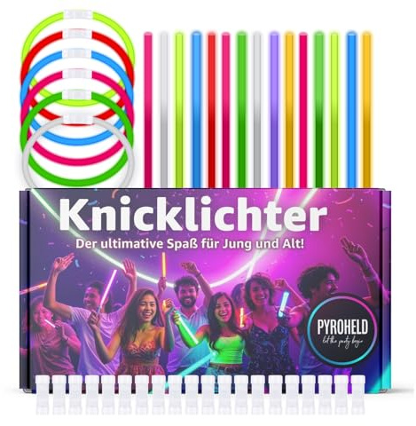 PYROHELD Lot de 100 bâtons fluorescents - Extra lumineux et long - Couleurs vives - Pour anniversaire d'enfant, fête, Nouvel An 2027, cadeaux, festival, anniversaire - Bâtons lumineux avec connecteur