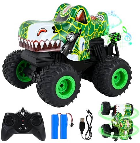 HERMORRYSS Voiture Télécommandée, Monster Truck Télécommandé avec Lumière et Musique, Jouet RC Monstertruck pour Enfants, 2.4 GHz, Rotation à 360°et Cascade, 2 Batteries Rechargeables (Vert)