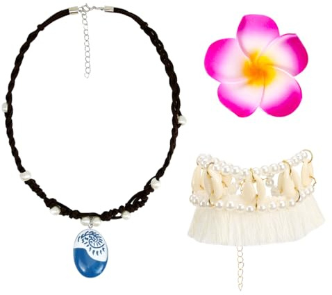VerLuky 3 Stück Prinzessin Halskette Zubehör, Boho Shell Anklet Blume Haarspange, Party-Halskette Set Mädchen, Prinzessin Kostüm Accessoires für Karneval, Halloween, Fasching, Cosplay