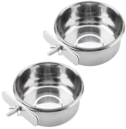 Gobelets d'alimentation pour perroquets, Plat de Nourriture pour Oiseaux, mangeoires pour perroquets en Acier Inoxydable, Bols à Eau avec Support à Pince, gobelets d'alimentation (2Pcs L)