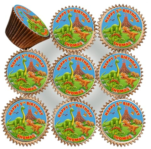 30 x DINOSAUR BIRTHDAY PARTY PERSONALISED EDIBLE ICING 3.8 cms CUPCAKE TOPPERS DECORATIONS R-760