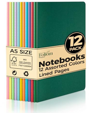 Foliom 12er Set A5 Notizbücher Liniert, Bunte Kraftpapier Hefte, 60 Seiten, 230g Starker Umschlag, 21 x 14 cm Softcover Notizbuch für Schule, Büro & Reisen, 12 Farben