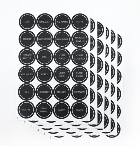 144 Stück Gewürzetiketten Selbstklebend, Etiketten Gewürzgläser Gewürzaufkleber Für Küche Vorratsetiketten Runde Beschriftungsetiketten, Schwarz, 35x35mm