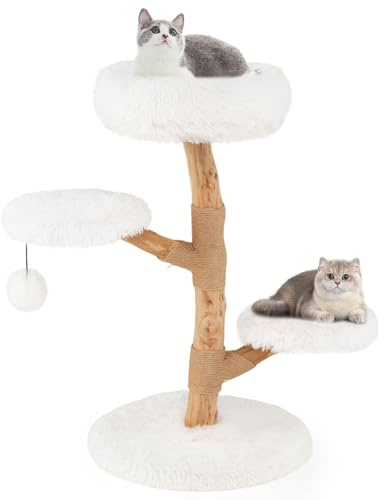 COSTWAY Petit Arbre à Chat, Arbre a Chat Bois de Poirier Massif, 4 Plateformes, 2 Poteaux à Griffer en Jute, Tissu Peluche, Coussins Amovible, Pompon Suspendu, 50 × 50 × 90 cm (90 cm,Blanc)