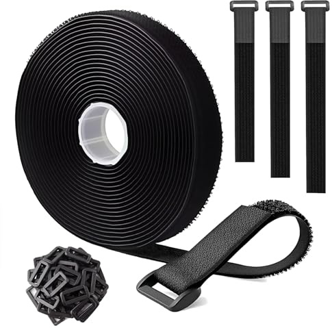 GalaSingForU Klettband mit 25 Schnallen, 2cm x 5m, Schwarz | Frei zuschneidbares Klettverschluss Band zum Organisieren von Kabeln, Schläuchen und zur Kabelaufbewahrung