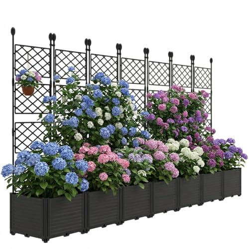 Pflanzkasten mit Rankgitter 294x160cm, Sichtschutz, 7 Fächer, XXL Metall | Rankhilfe für Kletterpflanzen, Vertiefte Fächer, Wetterfest, Montageleicht, Robust, Stabil, Outdoor, Langlebig, Pflegeleicht