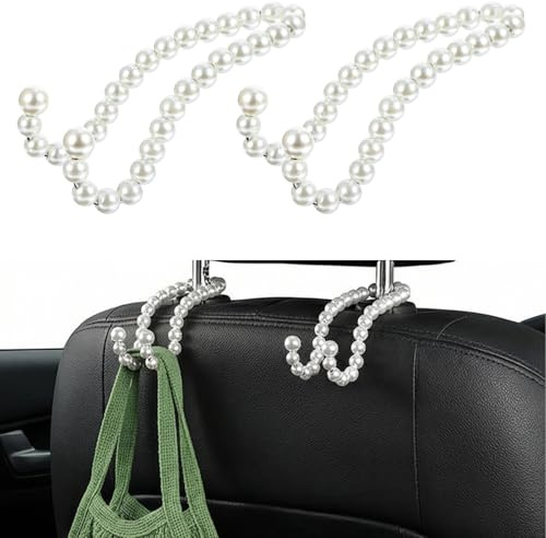 Bremorou Kopfstützen Auto Haken 2 Stück Autositz Rücksitz Organizer Weiß Abs+Zinklegierung Aufbewahrungshaken Perlen Design Autositzhaken Für Kopfstütze Kleiderbügel Handtaschenhalter Taschenhaken