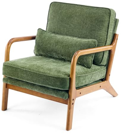 VINGLI Arm Chairs,Mid Century Modern Accent Chairs with Solid Wood Frame,Comfy Upholstered Armchair with Lumbar Pillow,Chairs for Living Room,Bedroom,Small Spaces,Chenille (Dark Green)