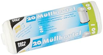 Papstar 1 Karton = 16x20 Müllbeutel, LDPE 60 l 72 cm x 60 cm Weiss 12104
