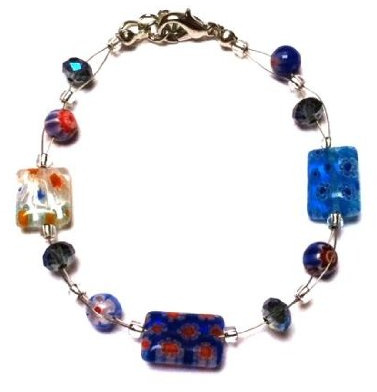 CHICNET Muranoglas Armband Glasperlen blau bunt Blumen Rechteck Glitzer 18-20 cm Karabiner nickelfrei