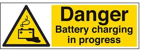 V Safety Danger Battery Charging In Progress Warning Sign - 600mm x 200mm - Self Adhesive Vinyl