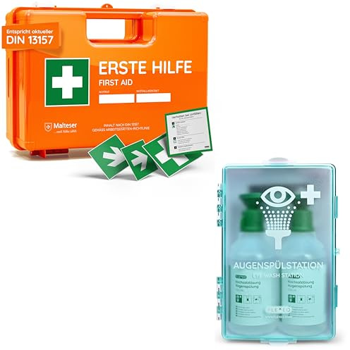 Erste Hilfe Koffer inkl. Augenspülstation, Wandhalterung und Aufklebern, nach neuer DIN 13157:2021 - Verbandkasten - Kasten - Verbandskasten - Set - Betriebsverbandkasten - orange