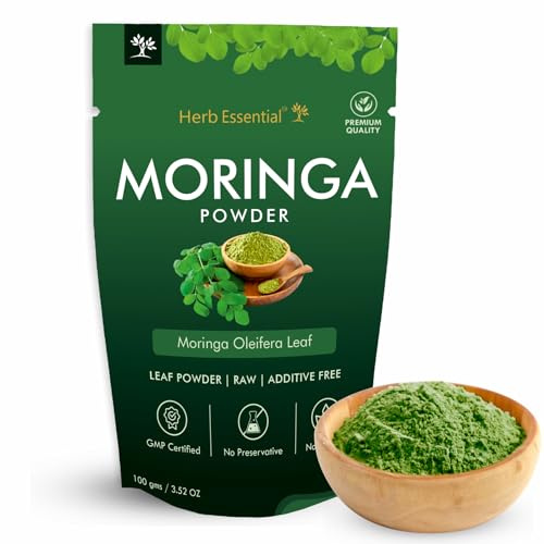 Herb Essential Moringa Oleifera Organic Leaf Powder- 0.22 lbs (3.52 Oz), GMP Certified, Non-GMO, Vegan, Authentic Indian Origin Herbal Supplement, Great Superfoods for Smoothies and Drinks
