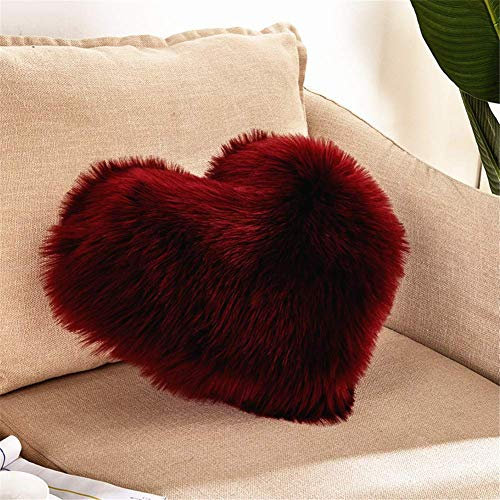 Strhopelove Herzkissen Faux Lammfell Schaffell Kissen Dekokissen Zierkissen für Sofa Bett (Weinrot)
