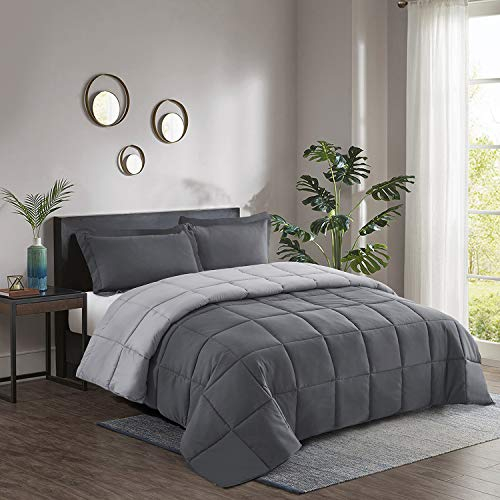 HIG 3 Pieces Gray Reversible Duvet Double - 200 x 200cm - Coverless Duvet with Baffle Box Design - 10.5 Tog Down Alternative Comforter with 2 Shams - Corner Duvet Tabs - Machine Washable & Durable