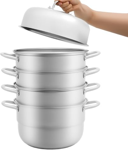 Olla a presión de acero inoxidable de 5 niveles, 32 cm, apilable, con tapa de cristal