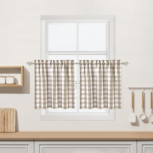 Bapawfish Farmhouse Curtains 2 Panels Linen Short Curtains for Kitchen Bathroom Kitchen Bathroom 24 inch Length Beige | Farmhouse Flax Rustic Gingham Check Small Window Short Drapes for Kitchens Bathroom,28x24,Beige,Set of 2