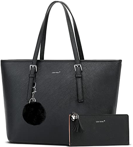Handtasche Damen Set Schwarz Tasche Mit Geldbörse für Büro Schule Einkauf Handtasche Damen Groß Mit Quasten Damen und Pelz Kugel Plüsch Schlüsselring