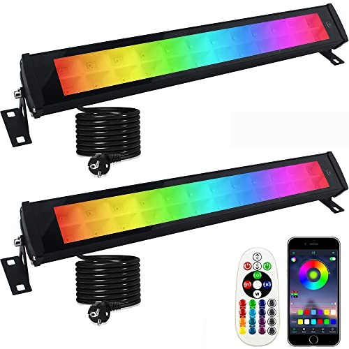 Foco LED RGB Exterior 50W, Indmird 2 Piezas Luz Led Rgb de Pared con APP Bluetooth y Control Remoto, IP66 Impermeable Barras de Luz RGB de 16 Colore Proyector LED Para Interior Jardín Fiesta Halloween