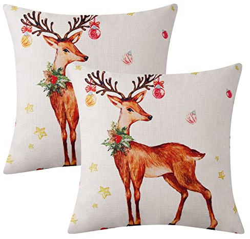 Weihnachten Kissenbezüge Weihnachtsdekorationen Kissenhülle 2er Set Leinen Look Kissenbezug 45x45cm, Weihnachtshirsch Kissenbezug für Feiertag Deko Überwurf-Kissenbezug für Sofa Heimdekoration