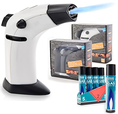 TOM Flambierbrenner Set mit Doppel Jetflame und 5 x Butangas Kartuschen – Profi Gasbrenner mit Sicherheitsschloss für Küche, Haushalt, Camping & Werkstatt – nachfüllbar – Mit Gas (Weiß)