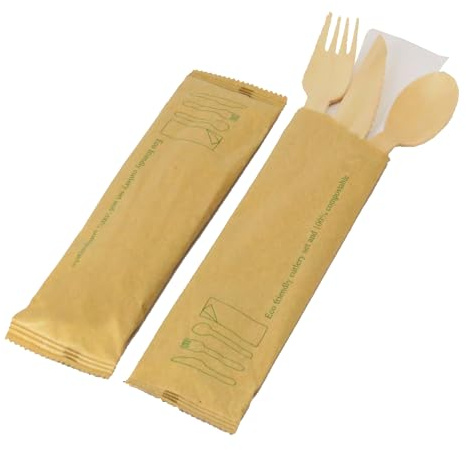 Pack of 50 - Individually Wrapped Wooden Cutlery Set (Fork, Knife, Spoon + Napkin/Tissue) - Ecofriendly, Compostable and Biodegradable Birch Wood Cutlery Set for Party, BBQ, Picnic, & Catering