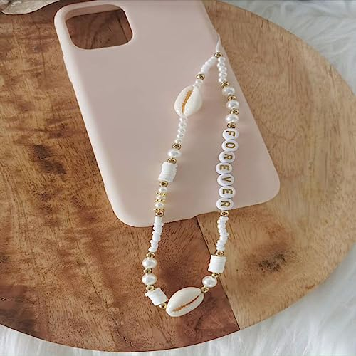 HANASE Handy-Gurt, Handy-Anhänger, Perlen-Buchstabe, Handy-Kette, natürlicher Muschel-Schmuck für Frauen, Anti-Verlust-Lanyard, T2