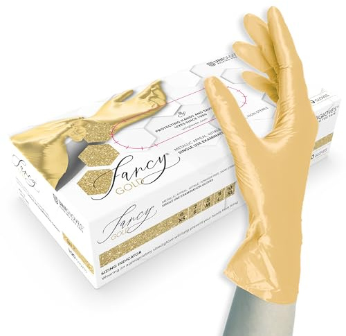 UNIGLOVES - Passgenaue FANCY Gold Einweghandschuhe aus Nitril | Lebensmittelecht, puderfrei & latexfrei | hohe Festigkeit & Haltbarkeit | 100 Stück | Einmalhandschuh XL
